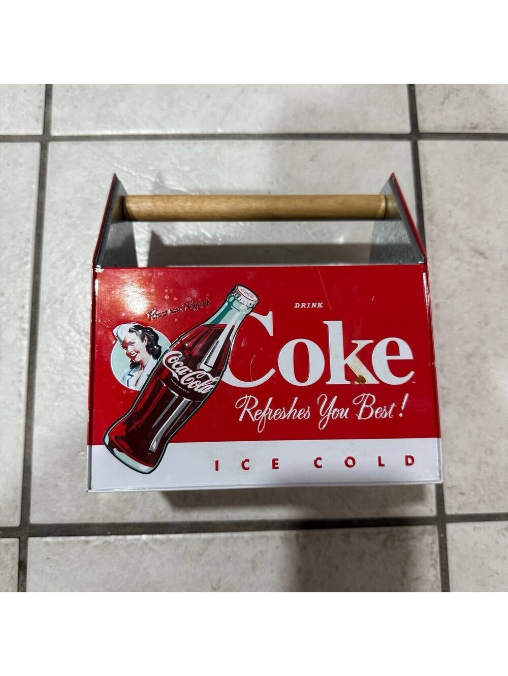 Coca-Cola Metal Storage Tote Tin Box With Wooden Handle Coke Decor